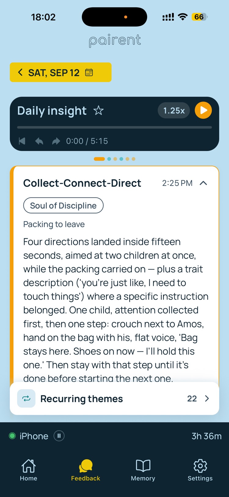 Pairent feedback screen: one coaching moment from the day, written out