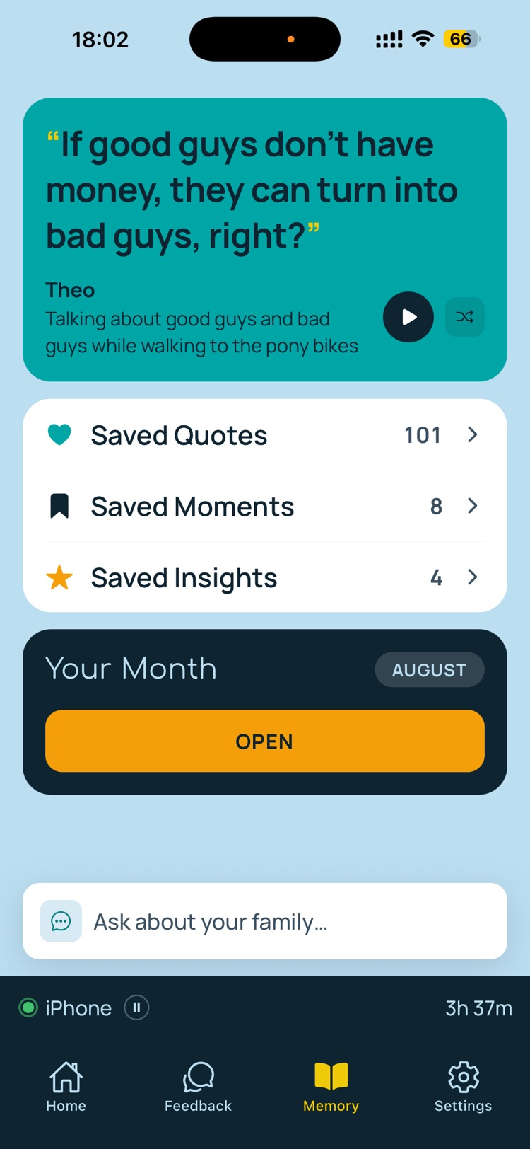 Pairent memory screen: saved quotes, saved moments and the monthly letter